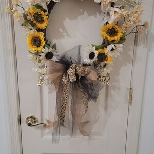 Sunflower and Daisy Floral Wreath with Bow